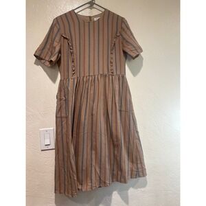 Roolee‎ Mom Striped Ruffle Trim Short Sleeve Midi Dress Tan Blue Orange Womens M